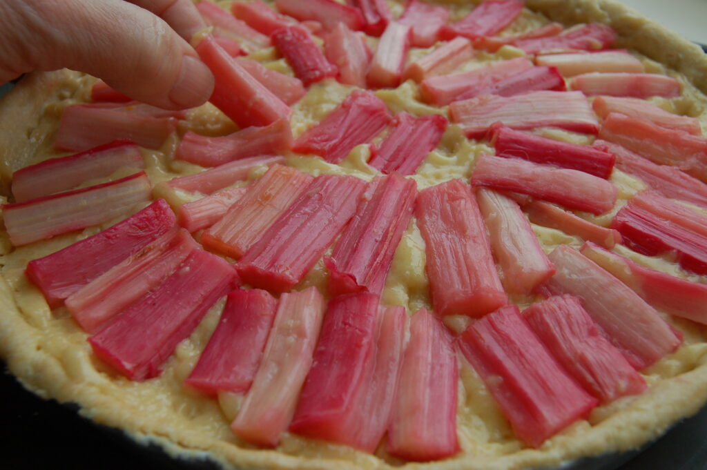 Rhubarb frangipane tart - press rhubarb into frangipane