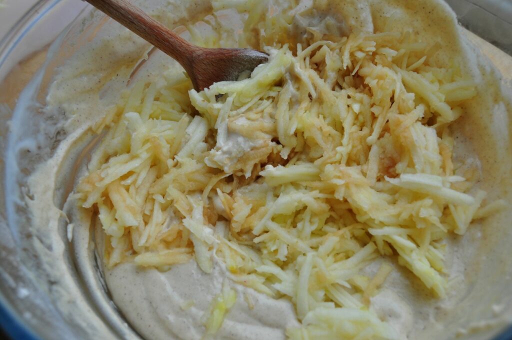 Apple pancakes - stir in grated apple - web